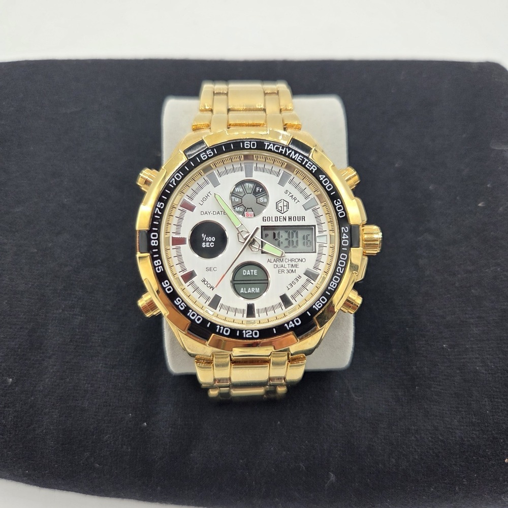 Golden Hour Mens Watch Gold Tone Digital Tachymeter Alarm Casual Dressy Untested